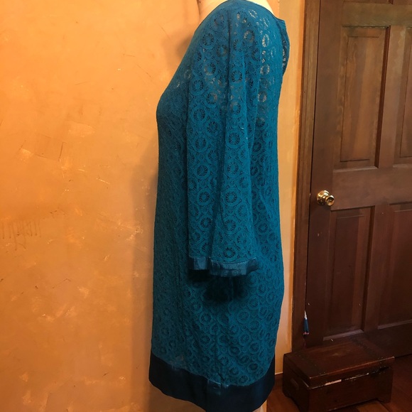 New Laundry Shelli Segal Lace Dress 8 Boat Neck Lined Turquoise Shift - Picture 2 of 7